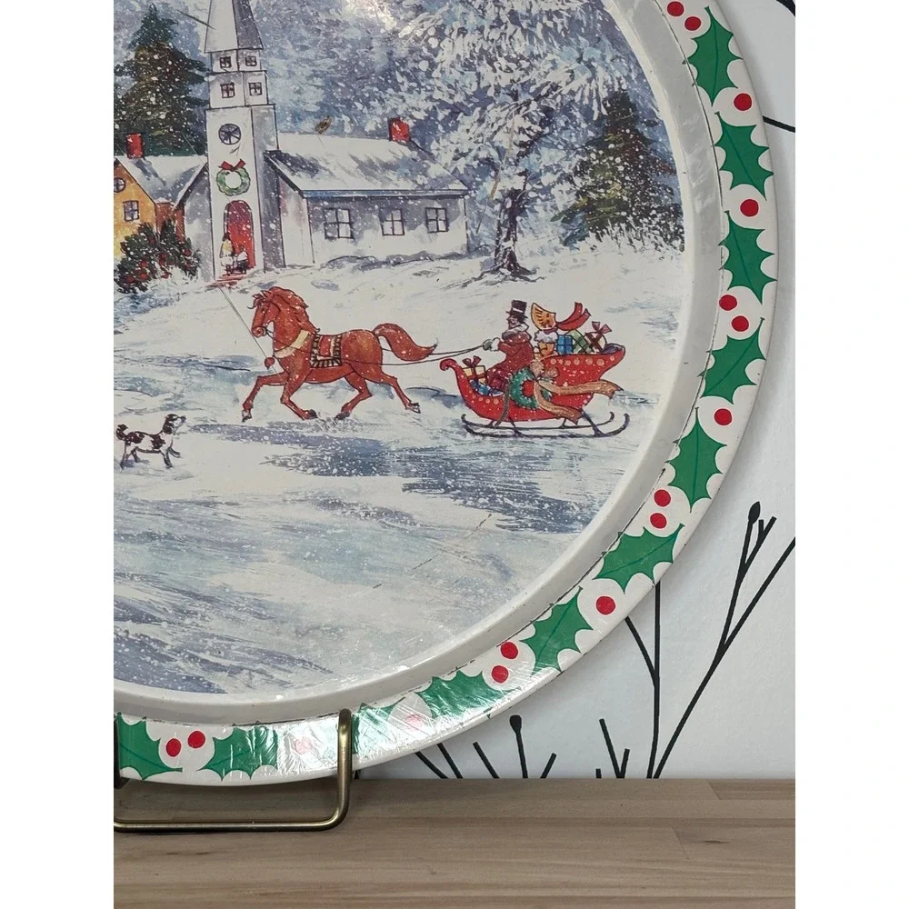 Vintage Christmas Metal Serving Tray Winter Village Scene Horse Sleigh Rite Aid